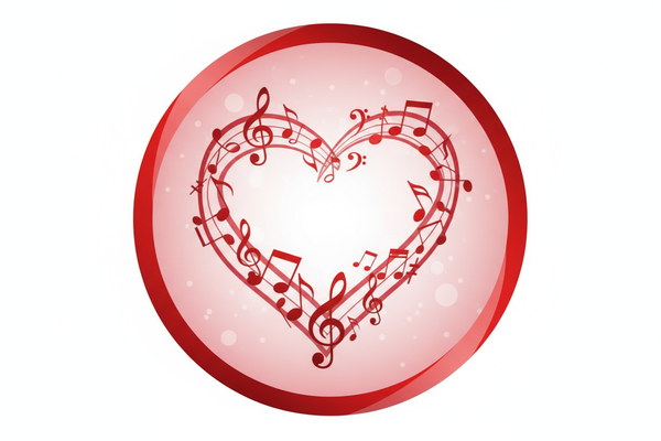 a misical notes shape as an heart inside a circle colour red