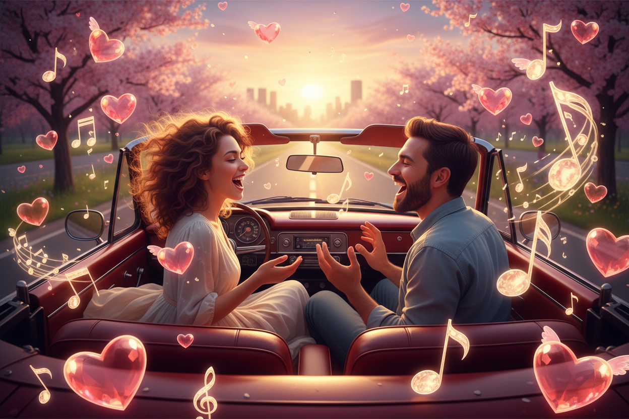 Happy couple in a car singing with a lot of hearts and musical note shape as an heart moving around