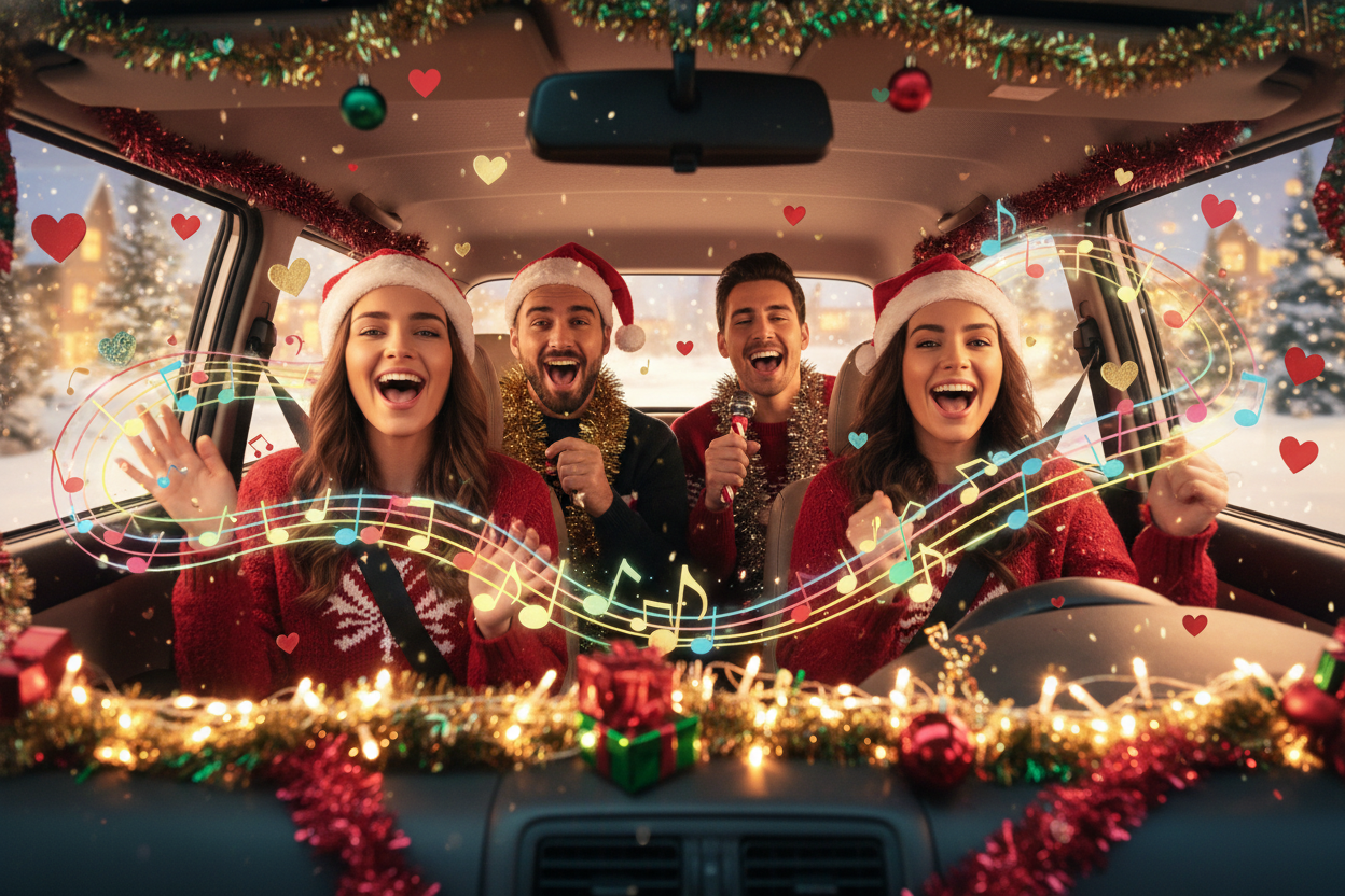 happy-people-singing-in-a-car AT CHRISTMAS TIME WITH A LOT OF MUSICAL NOTES AND FLIYNG HEARTS