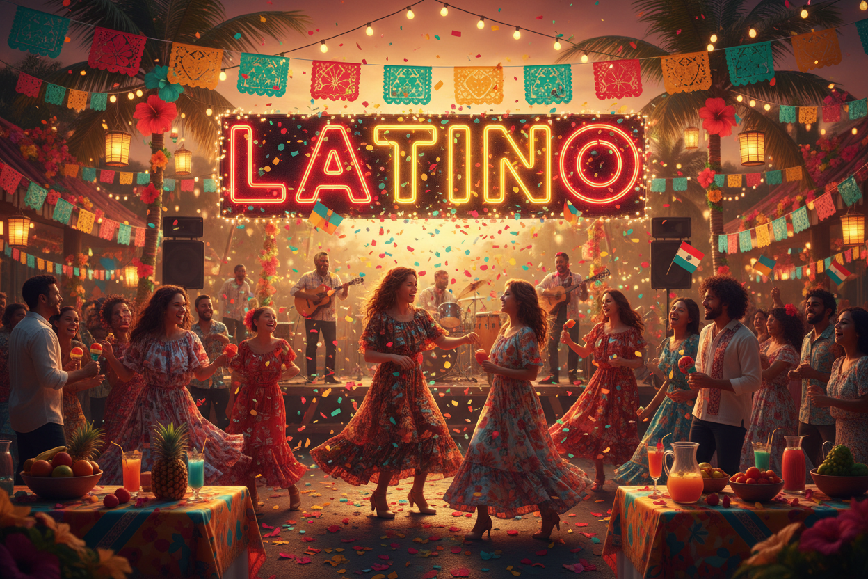 LATIN PARTY WITH THE WRITE LATINO IN THE CENTER VISIBLE